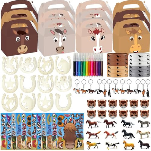 96Stück Pferde Party Mitgebsel Kindergeburtstag Pferde Geburtstagsdeko Pferde Mädchen Geschenk NlsqEUGeschenktüten Silikonarmband Modell Spielzeug Ring DIY Aufkleber and DIY Holz Hufeisen Basteln