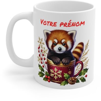 Mug Personnalisable Prénom avec Panda Roux de Noël en Céramique - Tasse Unique pour Enfants et Adultes