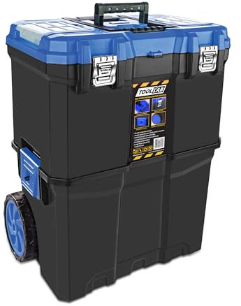Tool Lab Mobile Rolling Tool Box 2 Tier Stacking Pull Along Handle With Metal Latches, Rubbed Wheels For Home and Work Blue
