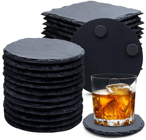 24 PCS Slate Drink Coasters, Cymuber 4 Inch Black Coasters Stone Cup Coaster Bulk Set, Laser Engraving Blanks Handmade Coasters for Halloween, Christmas, Home Decor Drink Bar Kitchen Gifts
