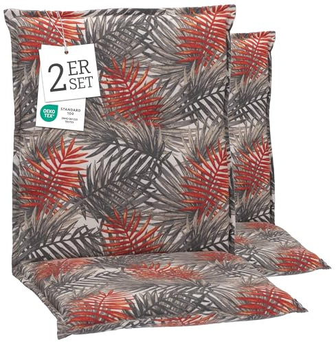 Beo® Barcelona Niedriglehner Gartenstuhlauflagen 2er Set | Waschbar | Made in EU | Öko-Tex Standard | Atmungsaktive Sitzkissen Outdoor | UV-beständig, Palmenblatt-Muster
