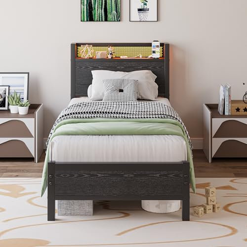 BORPHOM 3ft Single Bed Frame with Storage Headboard Shelf,LED Lights,Charging Station,Heavy Duty Metal Bed Frame Single Bed,Strong Steel Slats Support,Noise Free/Easy Assembly/Black Bed