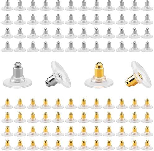 XENQITO 100 Piezas Tuercas Pendientes Silicona, 50 Doradas y 50 Plateadas, Plástico Hipoalergénico Tipo Bala de Embrague, Gerente De Pendientes, Tapones Suaves y Confortables para Aros y Pendientes