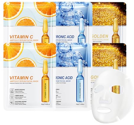 6-Pack Face Mask Set-Hydrating Face Mask with Hyaluronic Acid, 24K Gold & Vitamin C (2 Each) - Soothing, Brightening，Glowing Skin for Women Men Teens -25ml Essence for All Skin Types