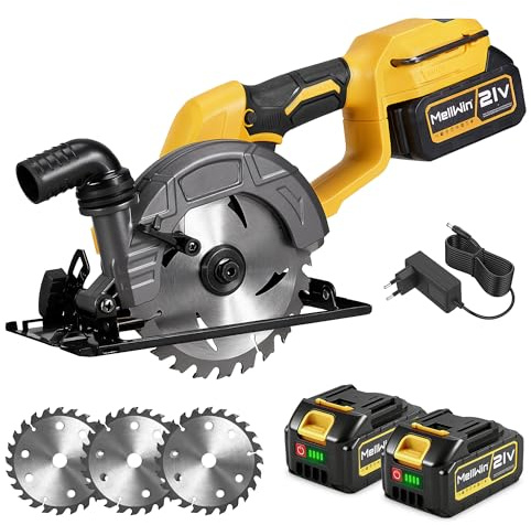 MELLWIN Scie circulaire sans fil 15 cm (6 pouces), sans balais, 7 200 tr/min, 2 batteries 4 000 mAh, profondeur de coupe en plongée : 55 mm, angle de coupe : 0-45°, 21 V, 3 lames de scie 16 dents | Scie 7200 tr/min, 2 x 4000 mAh batteries,angle de coupe : 0-45°, 21 V, 3 x lames de scie 16 dents, pour Bois, plastique