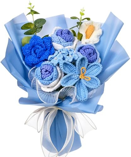 Wishwell Pop Blumenstrauß Gehäkelt, Rose Tulpe und Calla-Lilie, Blau | Handgemachte Häkelblumen Geschenk für Mama, Papa und Freunde zu Muttertag, Vatertag, Geburtstag und Abschluss