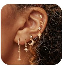 Gold Ohrringe Set Damen Mond und Sterne Ohrstecker Vergoldete Kleine Ohrringe für Mehrere Ohrlöcher Mini Ohrstecker Set für 2. und 3. Ohrloch Piercing