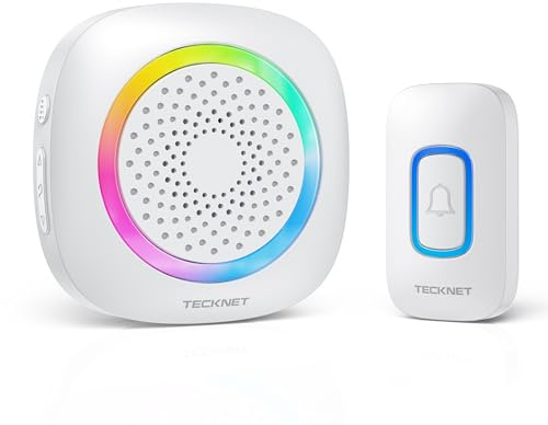 TECKNET Sonnette sans Fil Exterieur Étanche, Modèle à Piles (Non Incluses) | IP66 Sonnette Extérieure, 400M Portée, 60 Mélodies et 5 Niveaux de Volume, pour Maison, Hôtel, Bureaux, Lumière RGB, Blanc