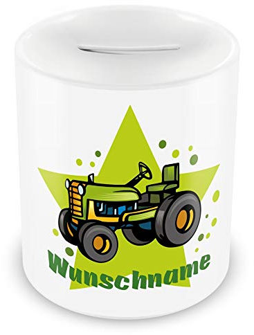 Samunshi® Kinder Spardose mit Namen und Alter Trecker als Motiv für Kinder - Jungen und Mädchen Sparschwein weiß