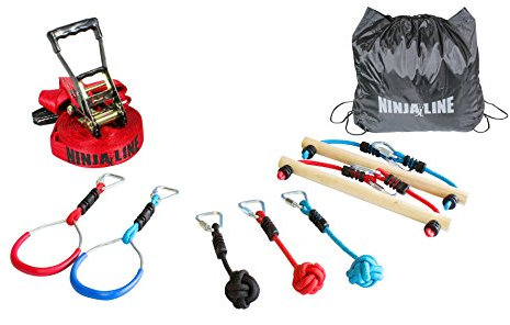 Slackers Ninja Line Starter Set – Outdoor Hangelparcours & Slackline für Kinder ab 5 Jahren – Komplettset mit 11 m Slackline, 7 Hindernissen, Ratsche & Tragetasche – Ninja-Spielspaß im Garten