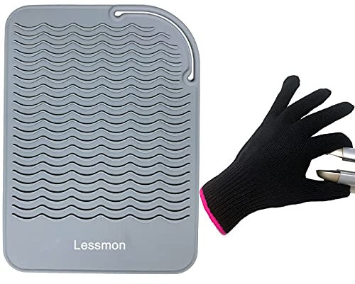 Flat Iron Travel Mat, Curling Iron Counter Protector with Heat Resistant Glove for Curling Irons, Hair Straightener, Flat Irons and Hair Styling Tools, 9” x 6.5”, Gray by Lessmon