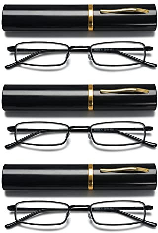 VEVESMUNDO Herren Lesebrille Mini Reise Kleine Kompakte Schmal Metall Lesehilfe Brillen Mit Etui +1.0,+1.5,+2.0,+2.5,+3.0,+3.5,+4.0 (3 Stück schwarz Lesebrillen, 2.5)