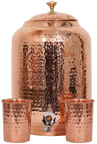Handmade Hammered Pure Copper Water Dispenser Pot 4 Liter Water Pot Matka Ayurveda Healing Water Storage Tank with 2 Serving Glasses (16 Liter)