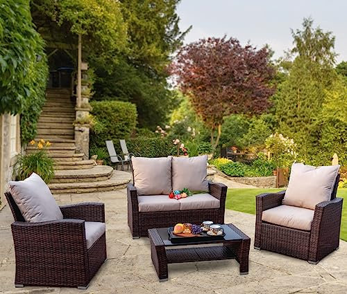 GOODS EMPORIUM 4 Seater Rattan Garden Furniture Set - Outdoor, Patio furniture, Conservatory Sofa sets - RAIN COVER INCLUDED (Dark Brown)