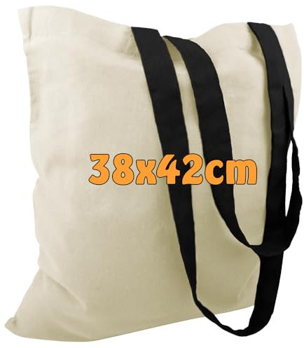 Cottonbagjoe 10 Baumwolltaschen Natur mit schwarzen Henkeln 38x42 cm | Stoffbeutel unbedruckt | ideal zum Bedrucken, Bemalen oder Beplotten - OEKO-TEX® STANDARD 100 zertifiziert