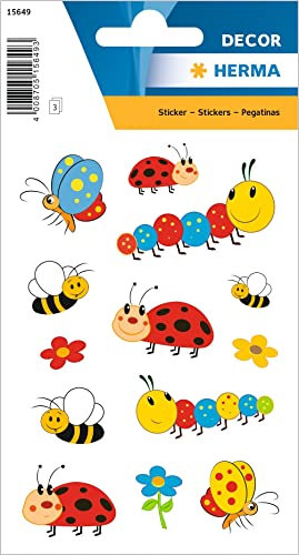 HERMA 15649 Aufkleber Marienkäfer Bienen klein, 39 Stück, Tiere Sticker mit lustigen Schmetterling Raube Blumen Motiv, Kinder Etiketten für Fotoalbum Tagebuch Scrapbooking Geburtstag Deko DIY Basteln