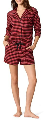 Amazon Essentials Ensemble de Pyjama léger en Flanelle tissée avec Short Femme, Noir Rouge Carreaux Lainés Mini, XL