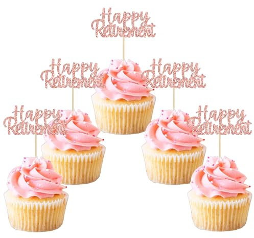 Gyufise 36 Stück Happy Retirement Cupcake Topper Glitzer Ruhestand Cupcake Picks Ruhestand Thema Geburtstag Party Kuchen Dekorationen Rose Gold