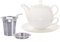 Buchensee Tea for One mit Sieb Lena 500ml aus Crystal Bone China Porzellan in weiß. Teekanne + Teetasse + Untersetzer + Sieb + Abtropfschale