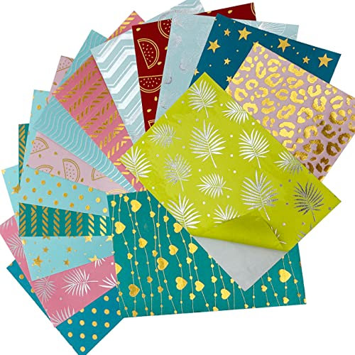 UOOOM 12Stk Selbstklebend Stoff Aufkleber 21x14,3cm, Patchwork Bastelstoff Glitter Gold Silber Foliendruck Muster Deko Satin Stoff für DIY Figuren u. Formen Zuschneiden Scrapbooking (Zufällige Farbe)