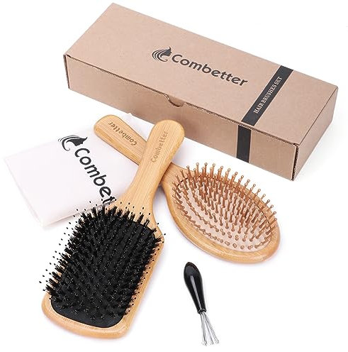 Combetter 2PCS Bamboo Boar Bristle Hair Brush, Natural Eco-Friendly Hairbrush Set With Cleaning Claw and Bag for Women & Men, Smoothes Frizz, and Restores Shine for All Hair Types