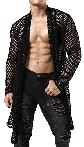 JOGAL Herren Muskel Transparent Strickjacke Netz Hemden Langarm Top Schwarz Klein