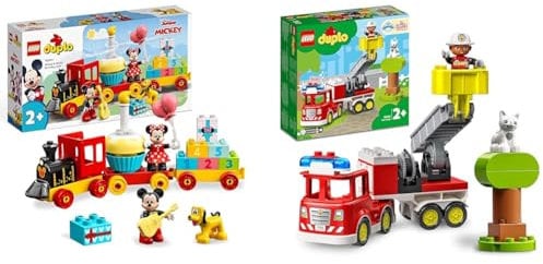 LEGO 10941 DUPLO Disney Mickys und Minnies Geburtstagszug, Spielzeugzug mit Kuchen und Ballons, ab 2 Jahren, & 10969 DUPLO Town Feuerwehrauto Spielzeug, Lernspielzeug für Kleinkinder ab 2 Jahren