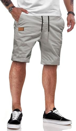 JMIERR Kurze Hosen Herren Shorts Herren Sommer Chino Baumwolle Elastische Taille mit Taschen Grau L