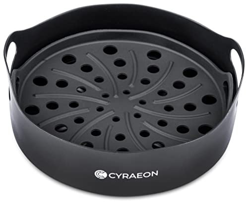 CYRAEON Silicone Air Fryer Basket Round Liner with Grease Tray Insert, Reusable Air Fryer Silicone Basket, Heat Resistant with Easy Cleaning Air fryers Silicone Pot Round, 18CM. Black