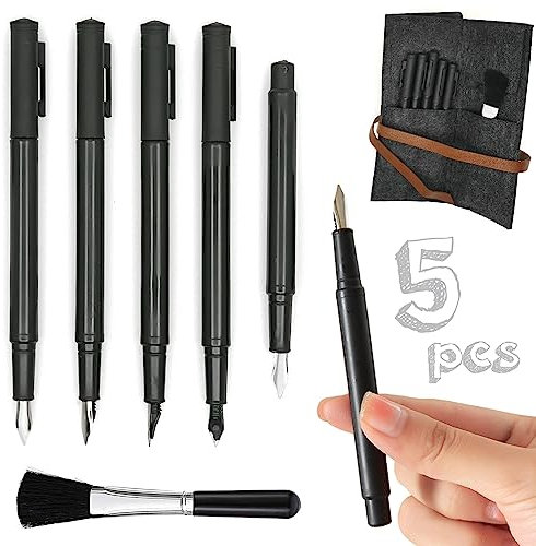 5 Pieces Scratch Art Tools, Scratching Drawing Painting Pen, Fountain Pen Shape Scratch Pen, Scratch Stick Stylus Tools Bag with Clean Brush Set (Black)