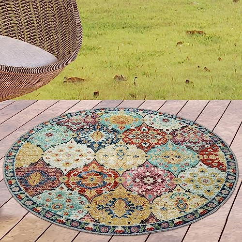CARPETIA Orientteppiche für drinnen & draußen | pflegeleicht | Ornamente bunt, 120 cm Rund