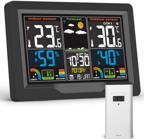 jely Wetterstation Funk mit Außensensor Farbdisplay Thermometer Hygrometer Innen Außen 4 Einstellbare Helligkeit DCF Funkwetterstation mit Wettervorhersage, Temperatur, Luftfeuchtigkeit, Uhrzeit