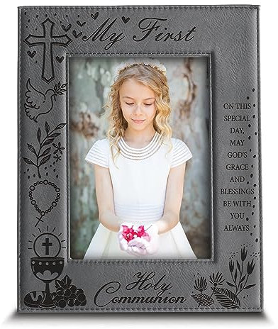 BELLA BUSTA- My First Holy Communion Picture frame-Cross and Chalice, Religion, Christian Traditions Occasion-Engraved Photo Frame (5x7 Vertical (Gray))