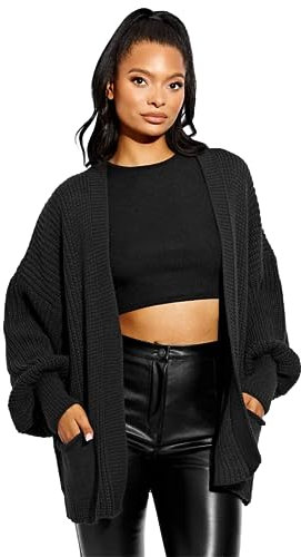 MMK® Women’s Knitted Slouchy Open Front Sweater Top - Ladies 2 Pockets Knit Oversized Balloon Sleeve Boyfriend Cardigan (Black, 16/18)