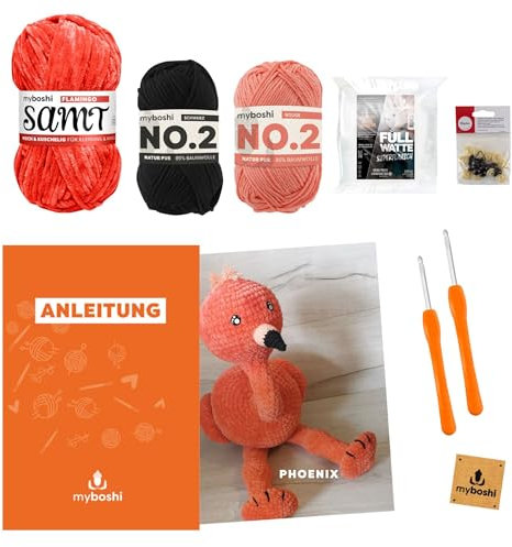 myboshi Häkelset Flamingo Phoenix, Amigurumi Set für Anfänger, inkl. Samt Garn, No.2 Wolle, Füllwatte, Sicherheitsaugen, Anleitung und Label, 100% Polyester, Orange mit Häkelnadel