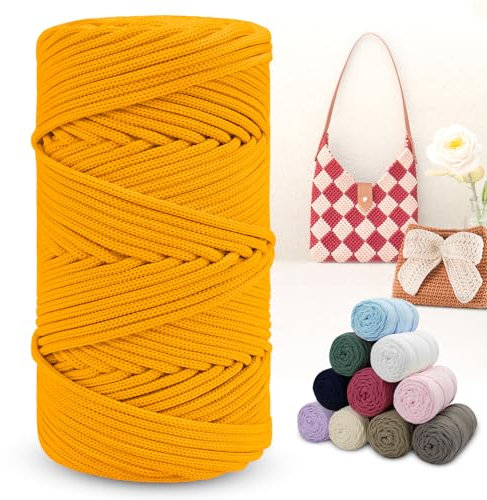 LEREATI Polyester Garn 150m Makramee Garn 4mm Geflochten Polyester-Seil Farbig Häkelgarn, Polyester Macrame Cord 4mm für Häkeltasche Umhängetasche Handtasche Geschenk Strickwaren (Goldgelb)