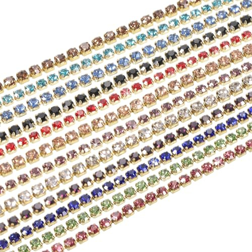 QUARKZMAN 12er Pack 1 Yard 2mm Kristall Strass Diamant Kettentrimmung Klaue Cup Kette für Nähen, Basteln, DIY Schmuck Hochzeit 12 Farben
