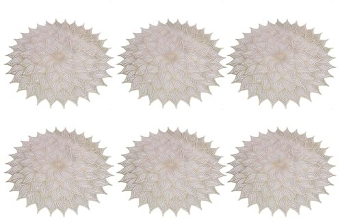 Terafeels Juego de 6 manteles individuales redondos de hojas de loto para mesa de comedor, manteles de vinilo prensado para fiestas, bodas, cenas, decoración de mesa de 38 cm (loto dorado 09), 3609