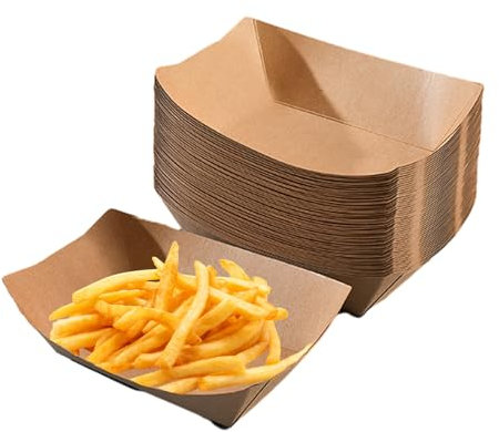 Vueinrg 50 Piezas Platos Desechable Bandejas de Cartón Kraft Cuencos de Cartón Cajas para Papas Fritas de Papel Kraft Cajas de Cartón para Curry, Salchicha, Hot Dog, Ensalada, Papas Fritas, Sushi