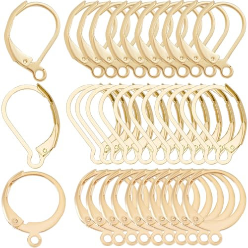 SUNNYCLUE 1 Box 60 Stück 3 Stile Echte 24 Karat Vergoldete Ohrringhaken Edelstahl Leverback Ohrringe Französischer Ohrdraht Runde Leverback Ohrdrähte Beschläge Zur Schmuckherstellung Ohrringzubehör DI
