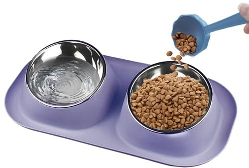 Elevated Cat Bowls for Food and Water, 15° Tilted Raised Removable Stainless Steel Double Bowls, Cat Food Bowls Anti Vomiting with Pet Food Scoop, Non-Spill Pet Feeder Bowls Set for Cat Dog (Purple)