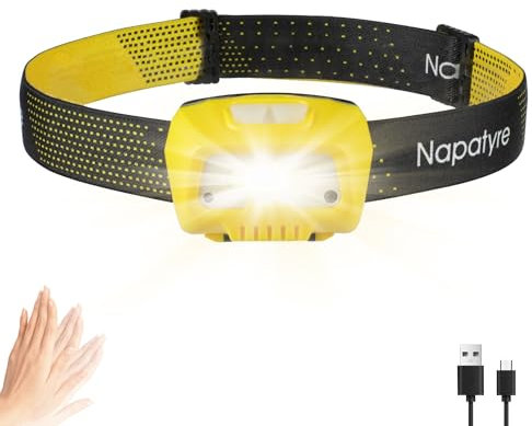 Napatyre Stirnlampe LED Wiederaufladbar, Superhell 6 Lichtmodi Kopflampe Stirnlampe mit Sensor und Rotlicht, IPX5 Wasserdicht Leicht Stirnlampen Perfekt für Wandern, Camping, Joggen (1 Stück)