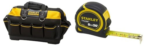 STANLEY FATMAX Technician Tool Bag, Heavy Duty 600 Denier and Leather, Multifunctional Tool Storage Organiser, 18 Inch, 1-93-950 & Tylon 8m/26ft Pocket Tape Yellow/Black, 0-30-656