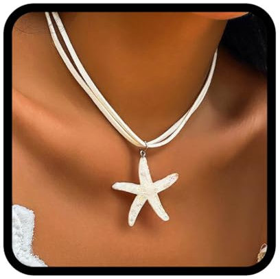 Edary Boho Heart Pendant Necklace Silver Starfish Choker Necklace Beaded Beach Necklaces Accessories for Women (White)