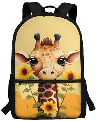 SCRAWLGOD Giraffe Backpack for School Girls Age 7-8/8-9/9-10/10-12 Sunflower Secondary School Bags for Teenage Rucksack 17 Inch Large Bookbag Children Elementary Schoolbag