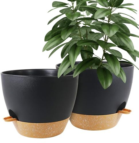 Kalizoi 30 cm Plant Pots with Drainage Holes Saucers, Modern Selfwatering Plant Pots for Indoor Outdoor Plants for Office Home Garden(Set of 2, Black)