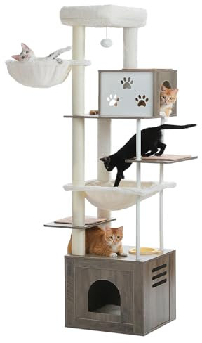 PAWZ Road 190cm Großer Kratzbaum mit Futterplatz, Holz mit extra großen Kondos und Hängematten, geräumige Sitzstange, Sisal- und Stahlpfosten, Kratzmatte für große Wohnung Grau