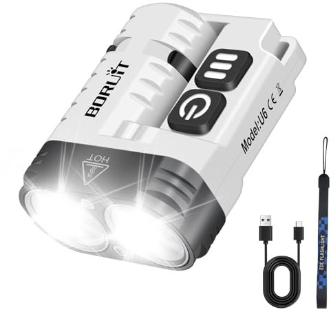 BORUIT U6 Mini Torch, 1600 Lumen Rechargeable Small Powerful Flashlight, Pocket Flashlight with IP68 Waterproof, Rotatable Back Clip, Magnetic Tail, for Camping Emergency Working (White)