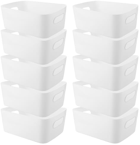 YAYODS 10 Stück Aufbewahrungsboxen Kunststoff - 25 x 16 x 10 cm Weiß Aufbewahrung Organizer mit Griffen - Stapelbare Körbe Boxen Aufbewahrung für Küche, Badezimmer, Schrank, Büro, Kosmetik