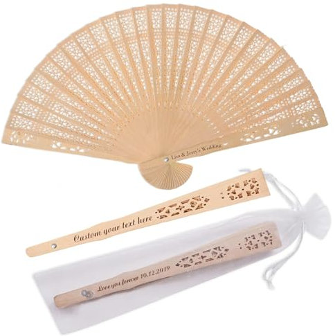 BEXOA 50 Pcs Personalised Wooden Folding Hand Fans - Custom Engraved Text Wedding Fans with Organza Bags Gifts for Party Bridal Shower Guests Favors (50)